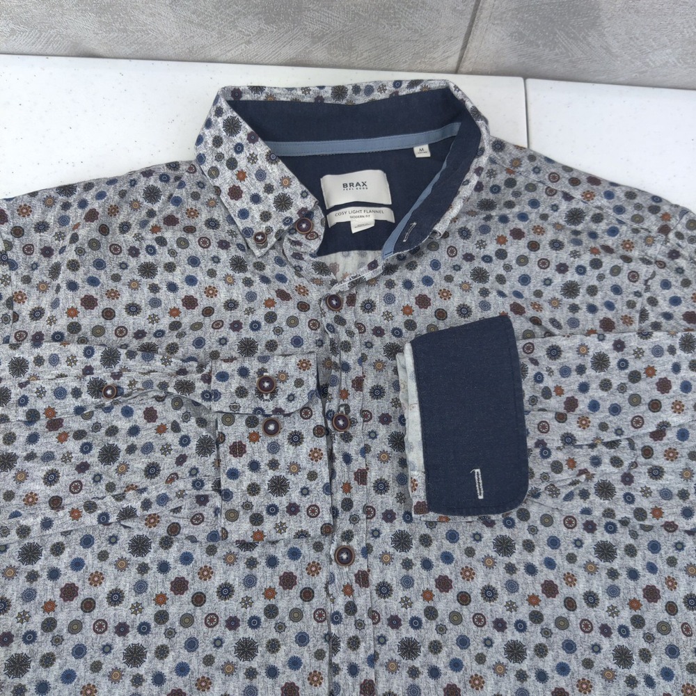 BRAX Shirt Mens Medium Cosy Light Flannel Modern Fit Gray Snowflakes Long Sleeve